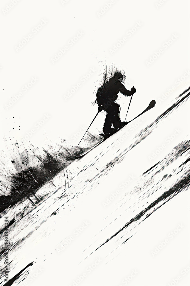 Fototapeta premium A black and white sketch of a person skiing down a slope