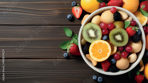 Fruit background with empty space for advertising. Multifruits on the table, wooden background. Juicy ripe fruits with vitamins. Healthy nutrition, diet, diabetes. Sale of fruits. Vitamin complex.