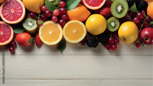 Fruit background with empty space for advertising. Multifruits on the table, wooden background. Juicy ripe fruits with vitamins. Healthy nutrition, diet, diabetes. Sale of fruits. Vitamin complex.