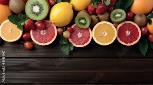 Fruit background with empty space for advertising. Multifruits on the table, wooden background. Juicy ripe fruits with vitamins. Healthy nutrition, diet, diabetes. Sale of fruits. Vitamin complex.