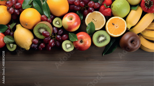 Fruit background with empty space for advertising. Multifruits on the table, wooden background. Juicy ripe fruits with vitamins. Healthy nutrition, diet, diabetes. Sale of fruits. Vitamin complex.