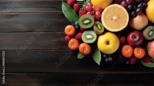 Fruit background with empty space for advertising. Multifruits on the table, wooden background. Juicy ripe fruits with vitamins. Healthy nutrition, diet, diabetes. Sale of fruits. Vitamin complex.