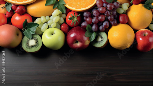 Fruit background with empty space for advertising. Multifruits on the table, wooden background. Juicy ripe fruits with vitamins. Healthy nutrition, diet, diabetes. Sale of fruits. Vitamin complex.