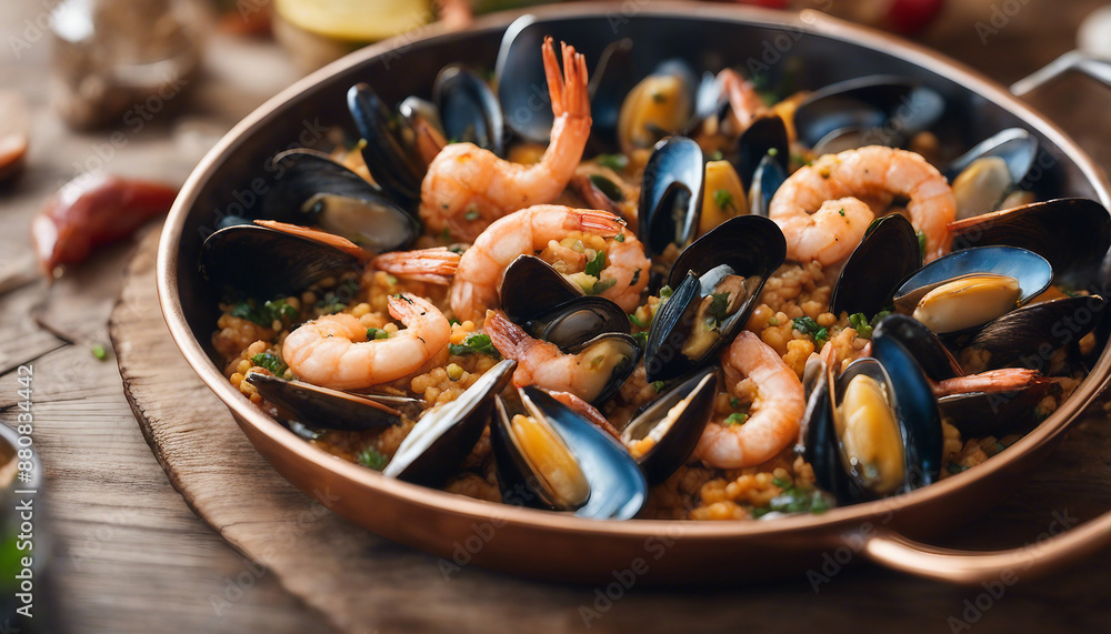 paella with shrimp and mussels, served in a gleaming copper pan, ad shot, copy space for text paella with shrimp and mussels, served in a gleaming copper pan, ad shot, copy space for text