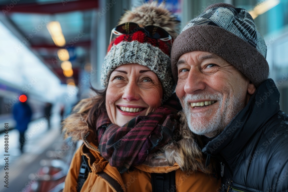 Portrait of a smiling multicultural couple in their 50s dressed in a warm ski hat while standing against modern city train station Portrait of a smiling multicultural couple in their 50s dressed in a warm ski hat while standing against modern city train station