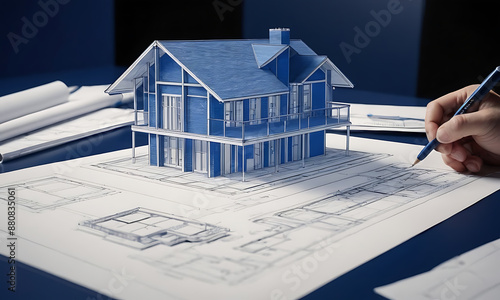 architect's workspace with a 2D blueprint of a modern house prominently displayed
