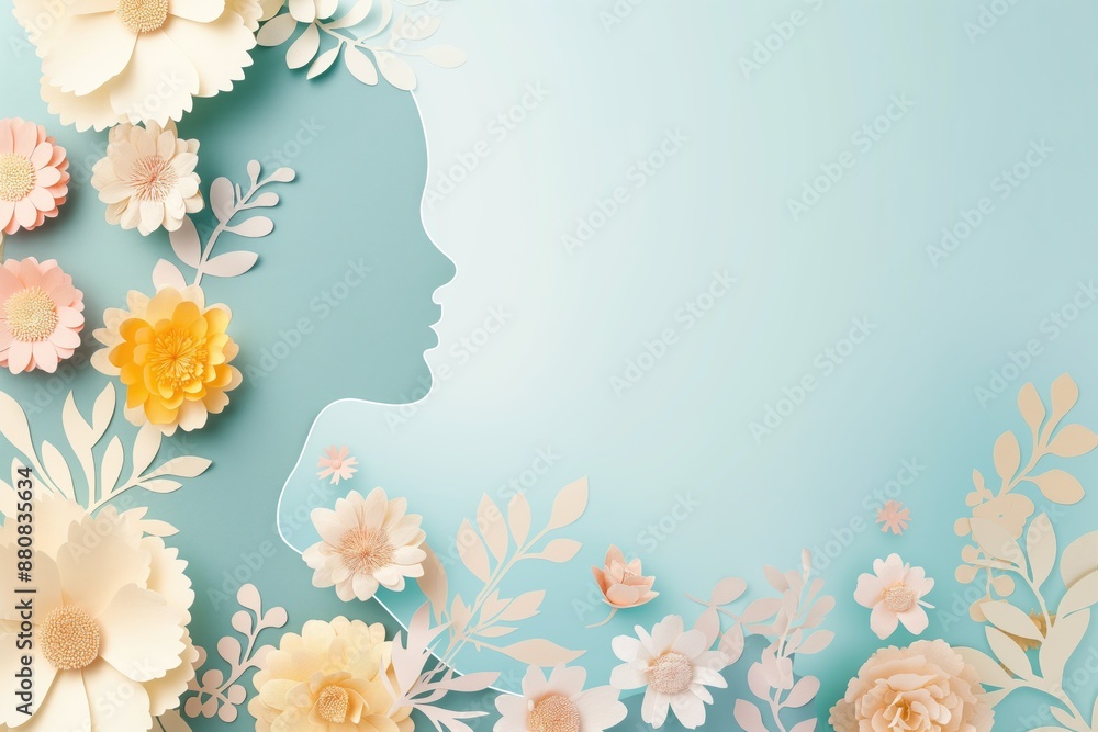 Tender paste paper art women's day concept with flowers and pink, blue and white floral pattern Tender paste paper art women's day concept with flowers and pink, blue and white floral pattern