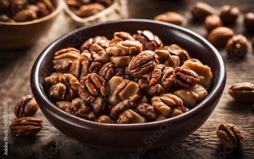 Pralines, caramelised nuts, in a rustic bowl, cozy kitchen, morning sunlight photo