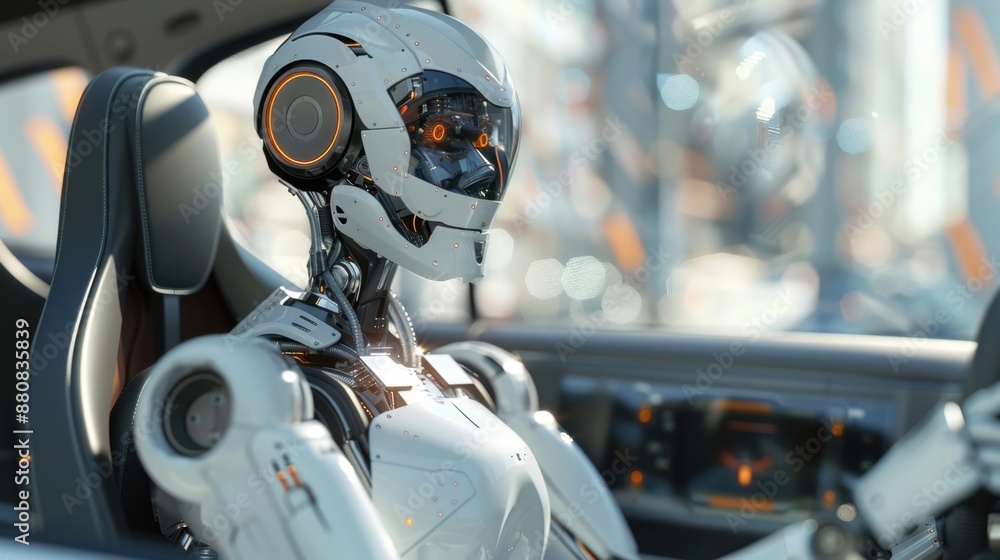 3D-rendered scene of a robot driving a car, highlighting futuristic technology and innovation. 3D-rendered scene of a robot driving a car, highlighting futuristic technology and innovation.