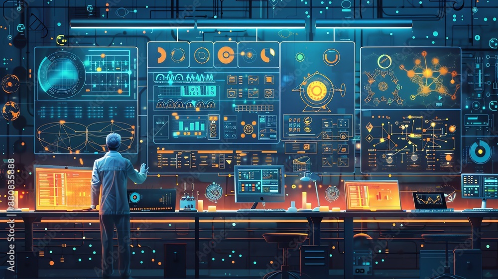 Obraz premium Futuristic Control Room with Man Analyzing Data.