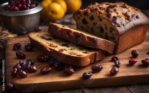 Raisin Bread, studded with raisins, rustic table, warm kitchen, morning light photo