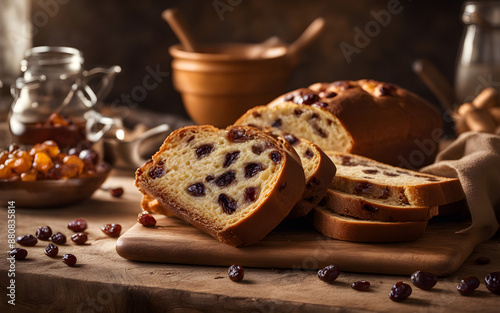 Raisin Bread, studded with raisins, rustic table, warm kitchen, morning light photo