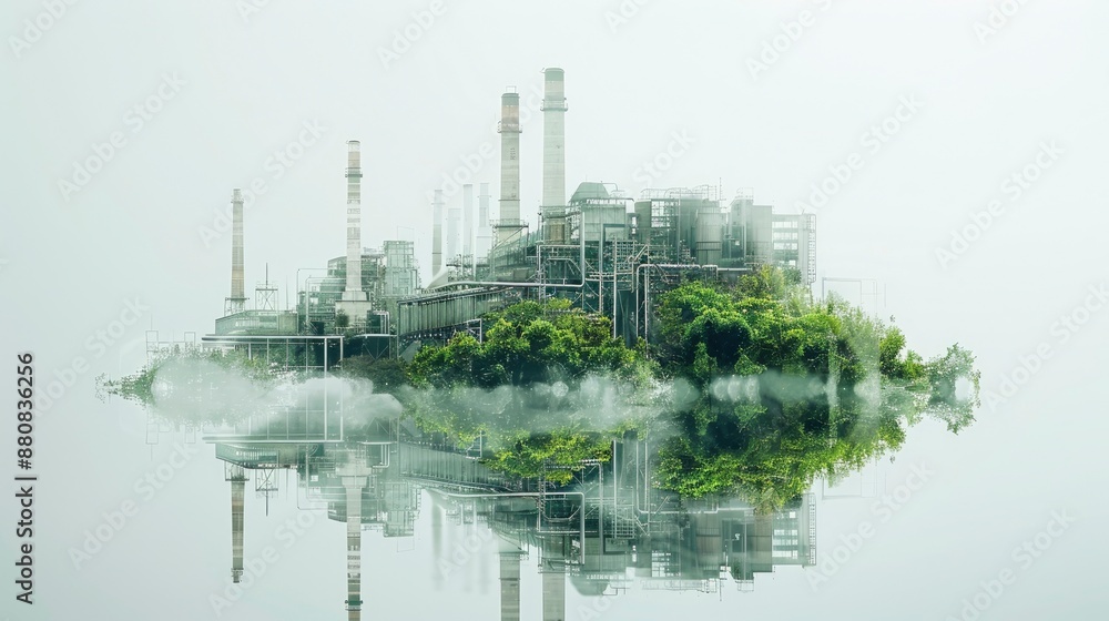 Naklejka premium A double exposure photo of a power plant transitioning to green energy sources, with lush greenery emerging from the smokestacks, set against a white background, symbolizing the net zero