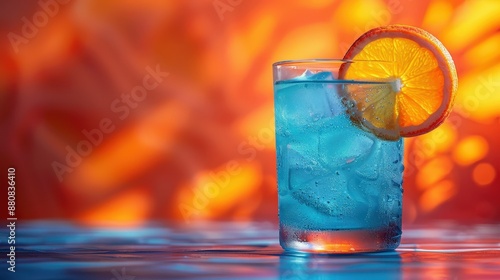 A Glass of Blue Cocktail With Orange Slice and Ice on a Table Against an Orange Background