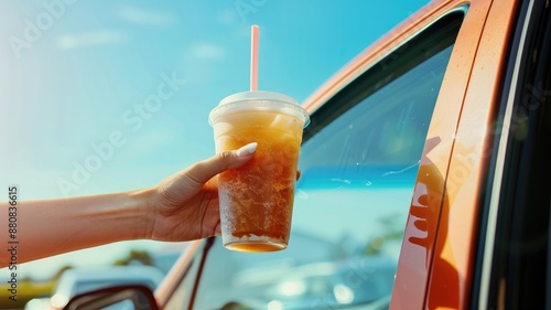 Hand holding iced drink outside orange car on sunny day photo