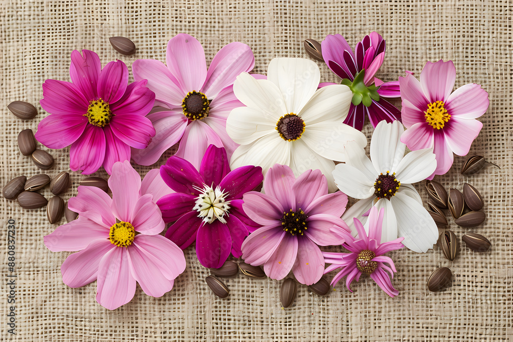 Fototapeta premium Pink and White Cosmos Flowers on Burlap Background.