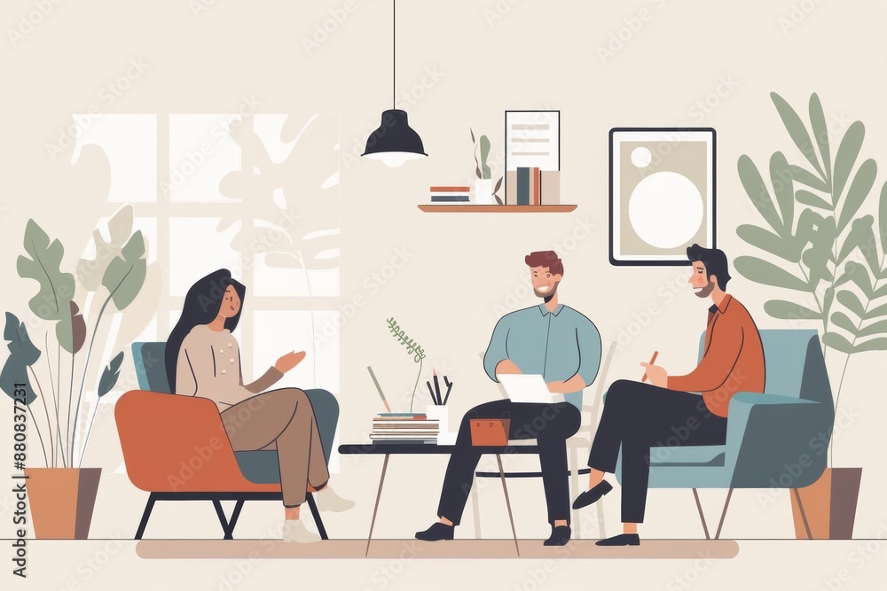 Fototapeta premium financial planning minimalist image of couple discussing insurance coverage with a business finance advisor, minimalist office decor, planning and protection through insurance