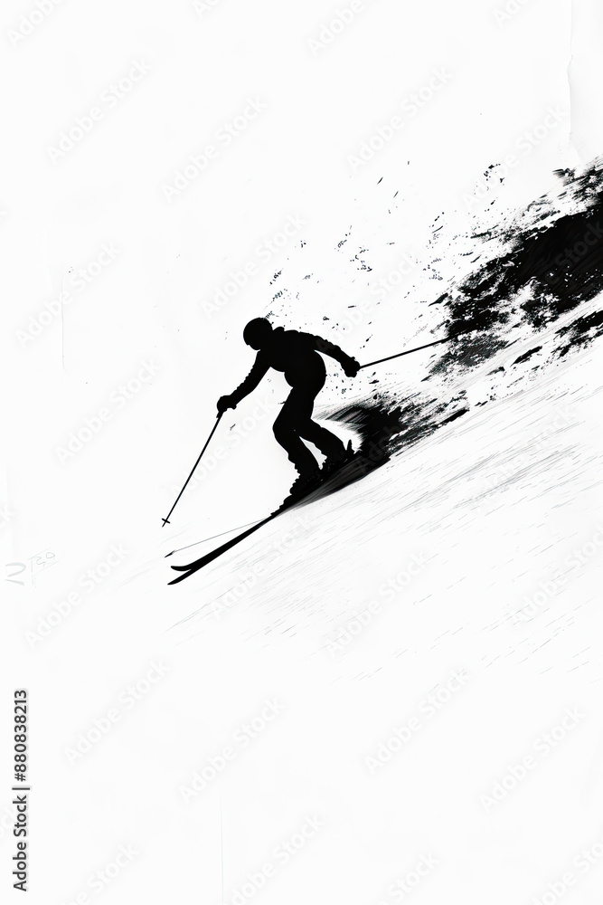 A black and white sketch of a person skiing down a slope A black and white sketch of a person skiing down a slope