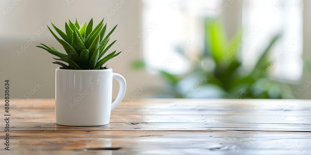 Workspace ambiance with coffee mug and green plant on wooden table. Concept Workspace Design, Home Office Setup, Coffee Corner, Indoor Plants, Minimalist Decor Workspace ambiance with coffee mug and green plant on wooden table. Concept Workspace Design, Home Office Setup, Coffee Corner, Indoor Plants, Minimalist Decor
