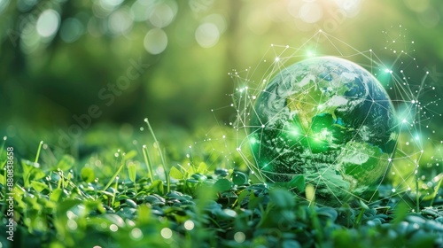 An image showing a double exposure of a globe with green energy technologies radiating from it, symbolizing global cooperation for net zero