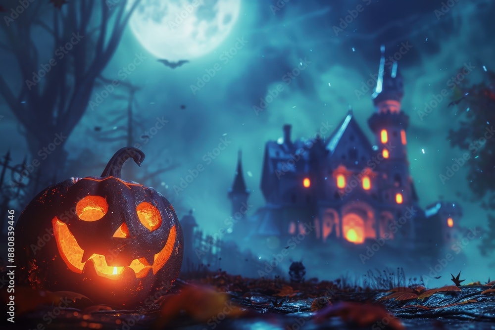 Halloween Background with Scary Pumpkins and Haunted House in Moonlight Halloween Background with Scary Pumpkins and Haunted House in Moonlight