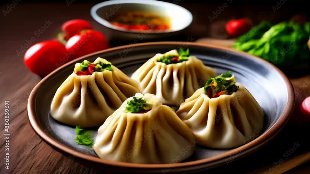 Delicious dumplings served with a side of fresh vegetables Delicious dumplings served with a side of fresh vegetables