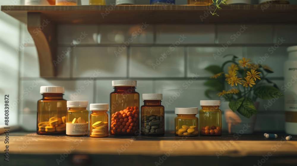 Close-up of Pharmacy Shelf with Medicine Bottles and Pills on Wood Surface Close-up of Pharmacy Shelf with Medicine Bottles and Pills on Wood Surface