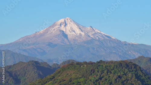 Pico de Orizaba volcano with forests, ecotourism in Mexico, beautiful volcano of Mexico, eco travel, view from Huatusco Veracruz