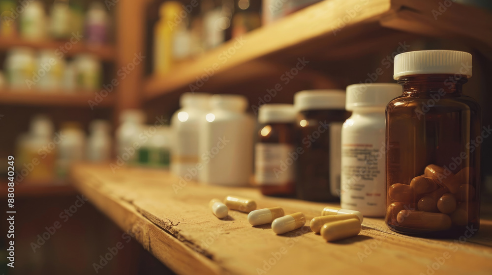 Close-up of Pharmacy Shelf with Medicine Bottles and Pills on Wood Surface Close-up of Pharmacy Shelf with Medicine Bottles and Pills on Wood Surface