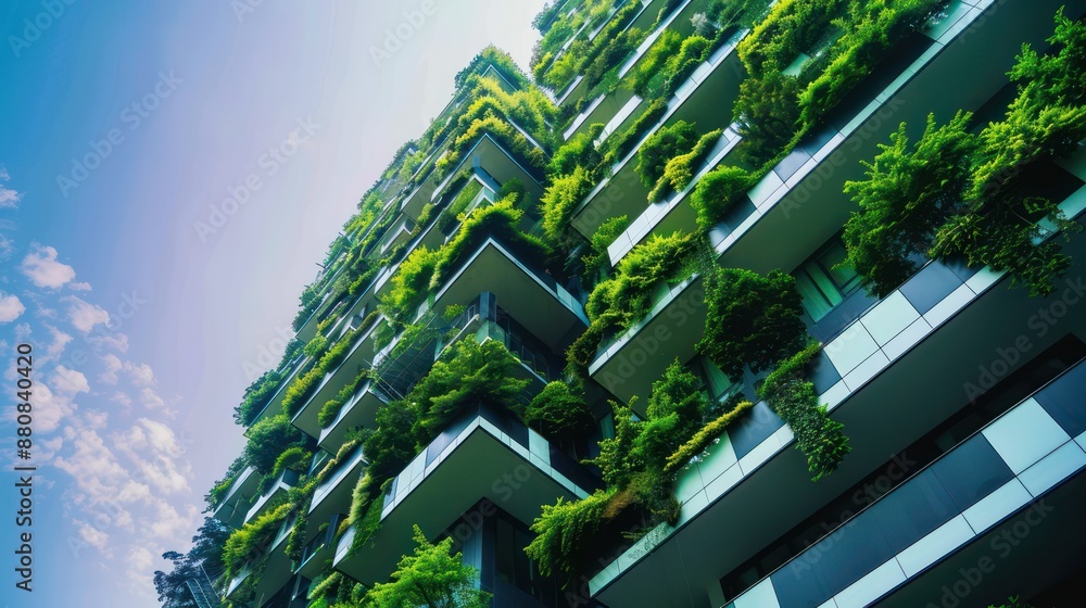 Green building with plants growing on the facade. Ecology and green living in city Green building with plants growing on the facade. Ecology and green living in city