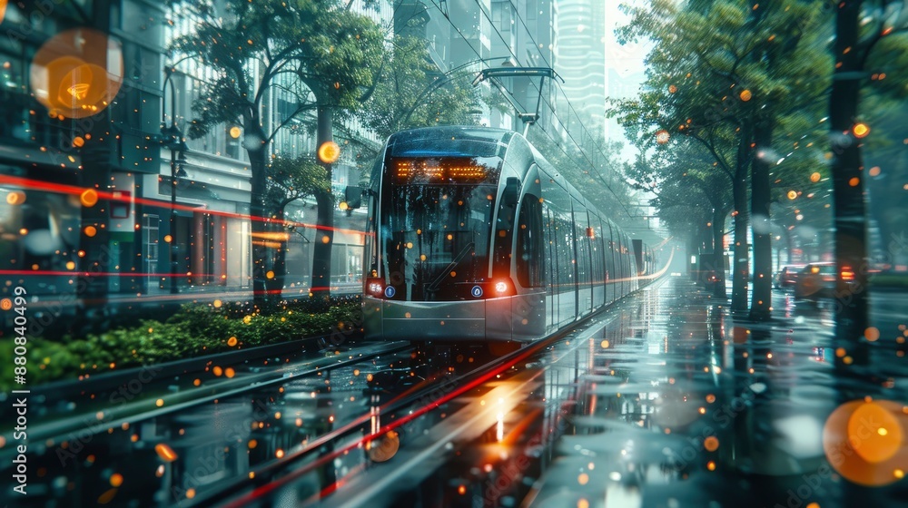 A double exposure image of a city's transportation system transitioning to electric and green vehicles, symbolizing sustainable mobility for net zero A double exposure image of a city's transportation system transitioning to electric and green vehicles, symbolizing sustainable mobility for net zero