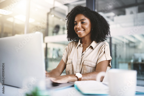 Office, black woman and journalist with laptop for research, typing and information for news article with technology. Workplace, computer and digital writer for planning, reading and creative writing