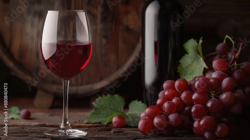 Red wine glass and grapes on dark wood table background