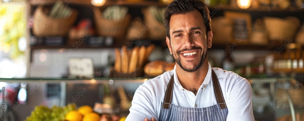 A cheerful man in an apron stands in a market filled with fresh produce, fruits, and vegetables, radiating a sense of satisfaction and pride in his work A cheerful man in an apron stands in a market filled with fresh produce, fruits, and vegetables, radiating a sense of satisfaction and pride in his work