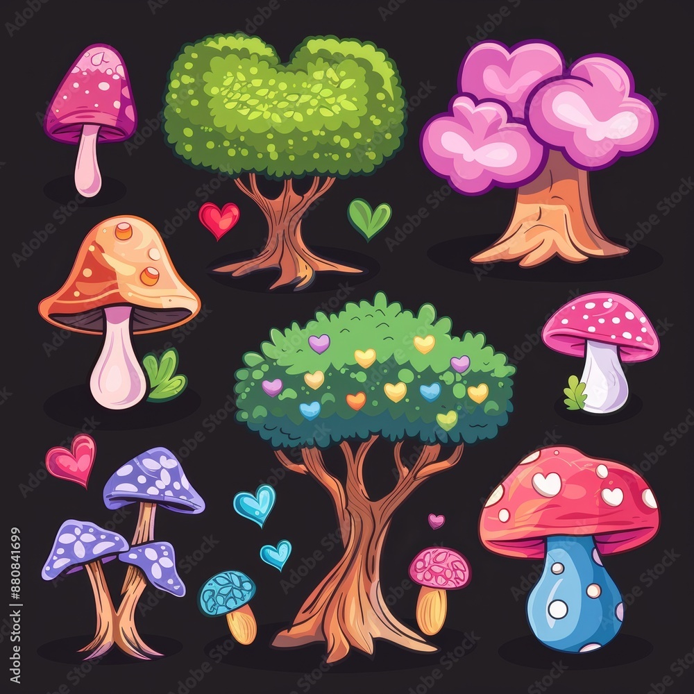 A fantasy tree and mushrooms are isolated on a modern background for the UI of a game. Cartoon modern illustration. A fantasy tree and mushrooms are isolated on a modern background for the UI of a game. Cartoon modern illustration.