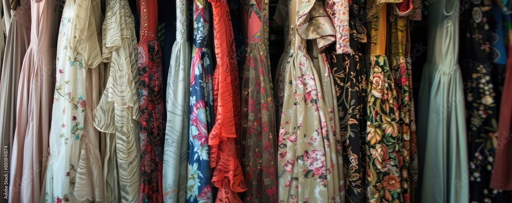 A collection of beautifully patterned floral dresses hangs on a white clothing rack, capturing the essence of vibrant fashion and the elegance of modern design A collection of beautifully patterned floral dresses hangs on a white clothing rack, capturing the essence of vibrant fashion and the elegance of modern design