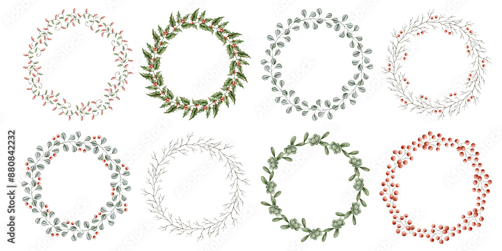 New Years Christmas hand drawn watercolor set of wreathes New Years Christmas hand drawn watercolor set of wreathes
