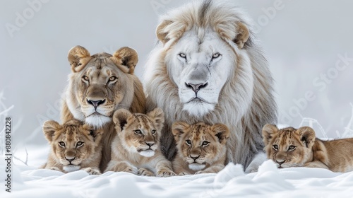 lion family with 3 cubs in white