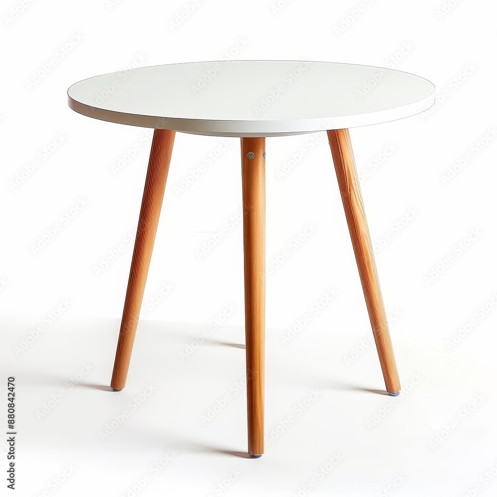 White background with a round coffee table that has wooden legs. White background with a round coffee table that has wooden legs.