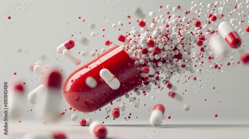 A dynamic 3D illustration featuring a large red and white capsule that has split open