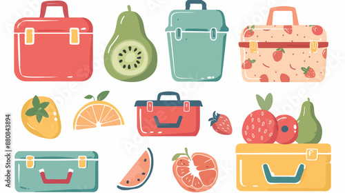 School lunch box flat icon Balanced nutrition Fruits.
