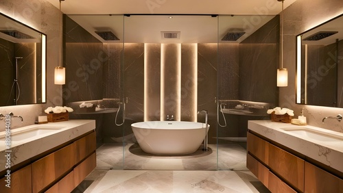 A modern aesthetic luxurious bathroom with a freestanding bathtub, a walk-in rain shower, and double vanities with sleek, clean lines.
