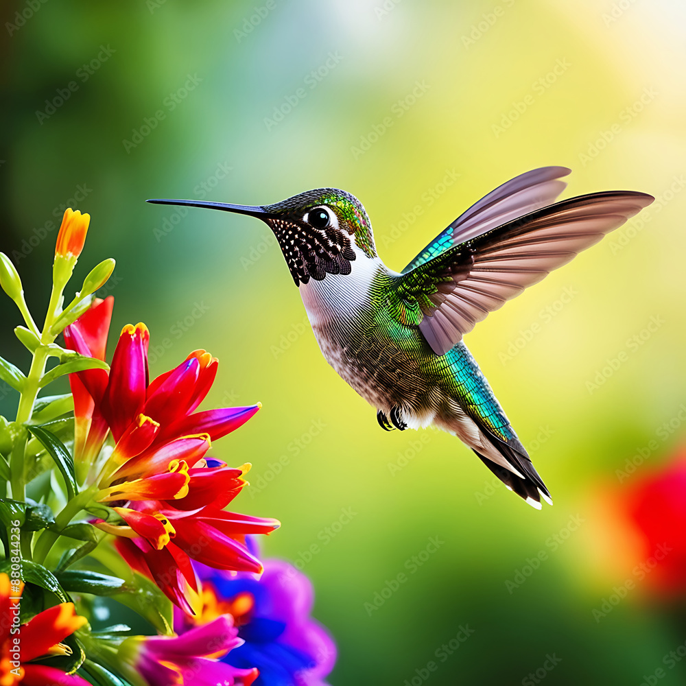 Naklejka premium The colorful Hamim bird is sitting very nicely, the bird has come to take honey from the flower, Generative AI