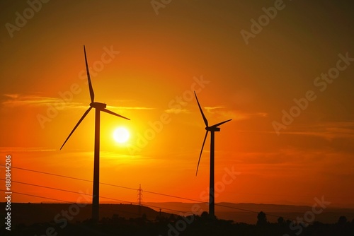 Siluetas de molinos de viento con el Sol al atardecer. Energías renovables 