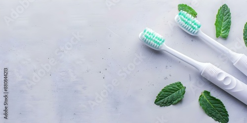 Freshen Your Breath with an Electric Toothbrush Infused with Mint Leaves - Wide Banner with Copy Space. Concept Oral Hygiene, Electric Toothbrush, Fresh Breath, Mint Leaves, Banner Design photo