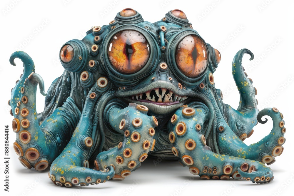 Fototapeta premium Colorful, imaginative octopus monster sculpture with big eyes and detailed textures, perfect for fantasy art enthusiasts and collectors.