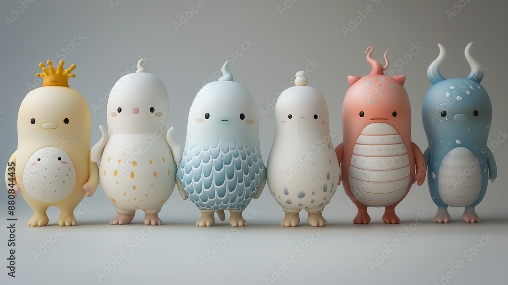 Cute and colorful toy figures stand in a row, each with unique designs and playful details. Perfect for children's decor and playful themes. Cute and colorful toy figures stand in a row, each with unique designs and playful details. Perfect for children's decor and playful themes.