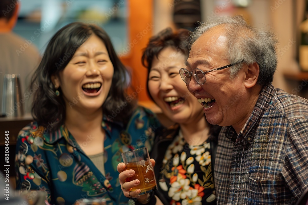 Obraz premium Asian adults laughing and drinking having fun at a party in a bar