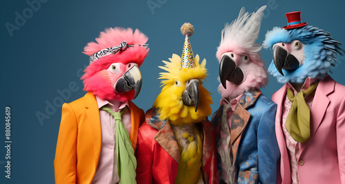 Fototapeta Naklejka Na Ścianę i Meble -  Creative animal concept. Group of parrot bird in funky Wacky wild mismatch colourful outfits on bright background advertisement, copy space. birthday party invite invitation banner	
