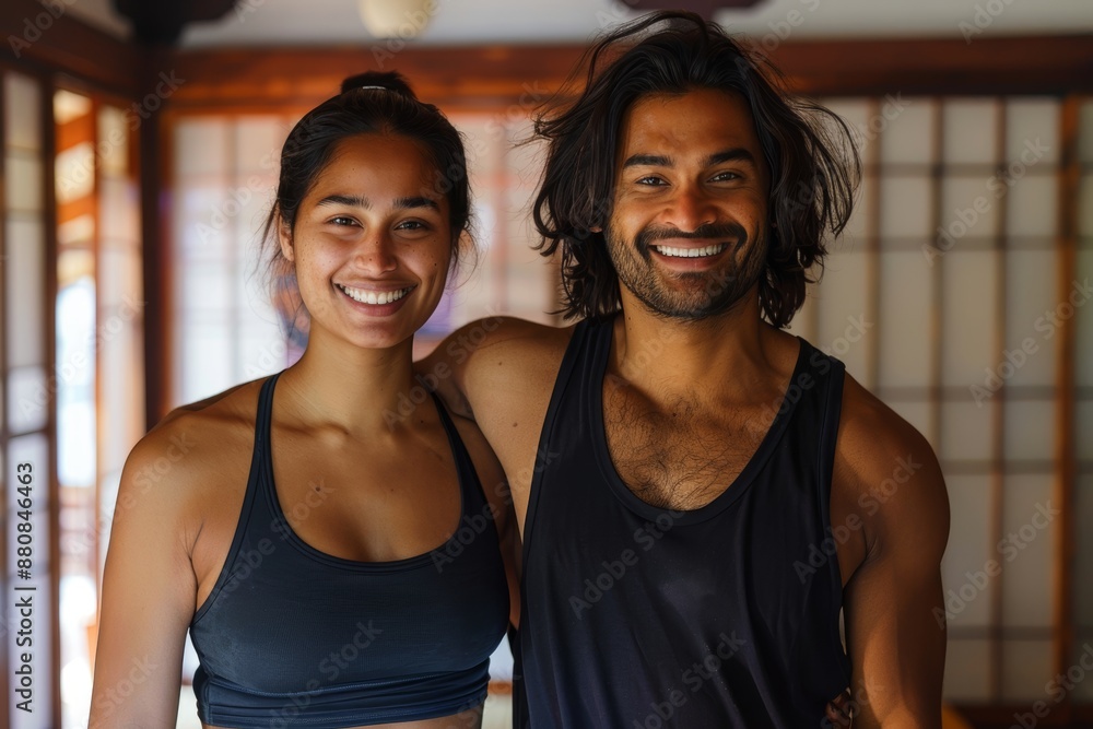 Portrait of a glad indian couple in their 30s showing off a lightweight base layer isolated in serene meditation room Portrait of a glad indian couple in their 30s showing off a lightweight base layer isolated in serene meditation room